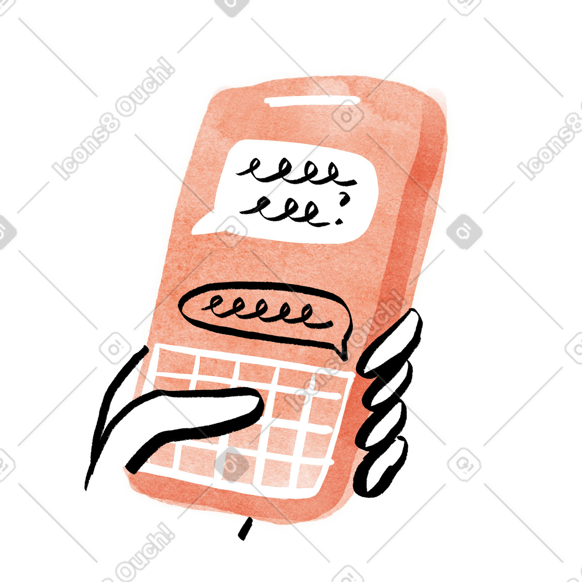Illustration animée Saisie manuelle sur le clavier du téléphone, communication par sms, assistance chat en temps réel dans style Hand-drawn animation à télécharger aux formats GIF, Lottie (JSON), AE