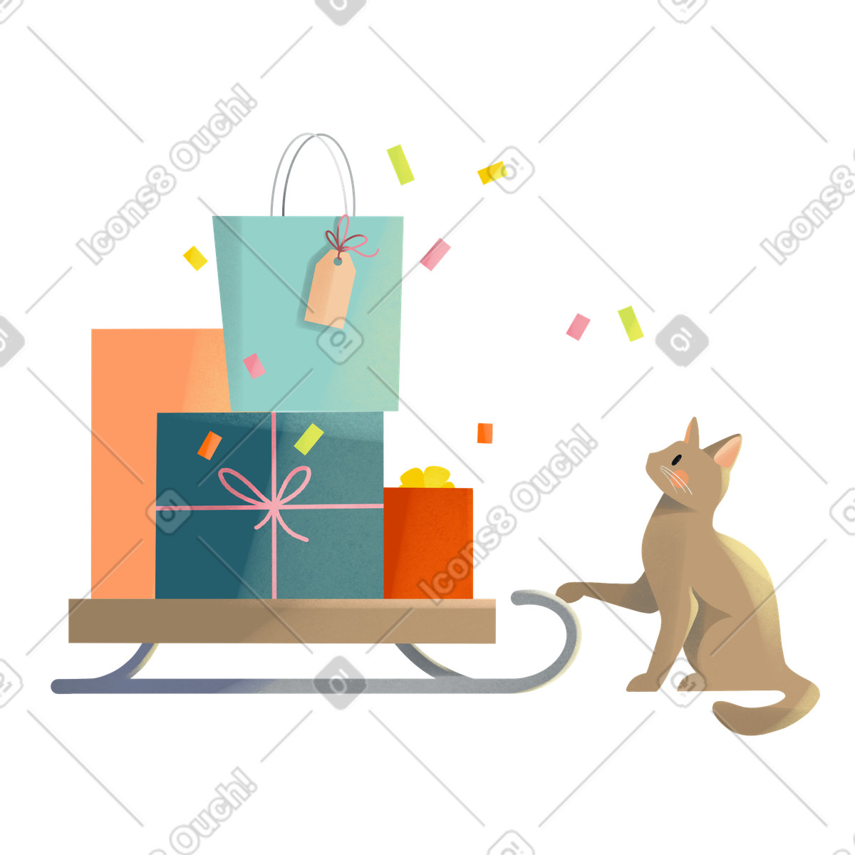 Ilustração de Gato está sentado ao lado do trenó com presentes em no estilo Shine para baixar em PNG, SVG