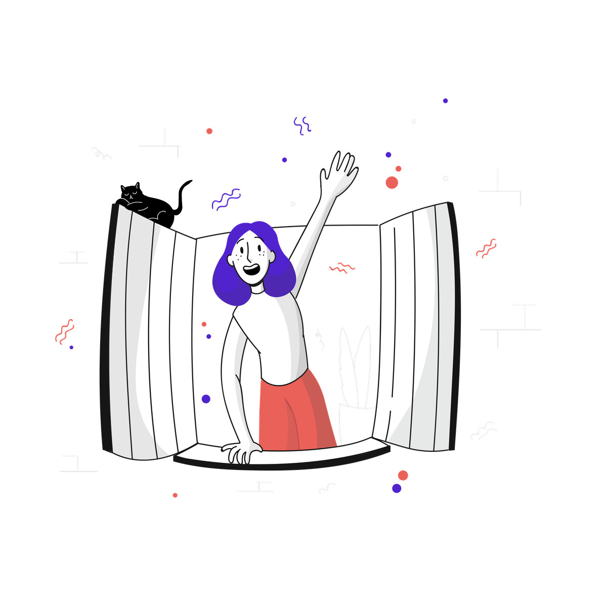Illustration Waving from window, friendly welcome and hospitality dans le style Pixeltrue à télécharger aux formats PNG, SVG