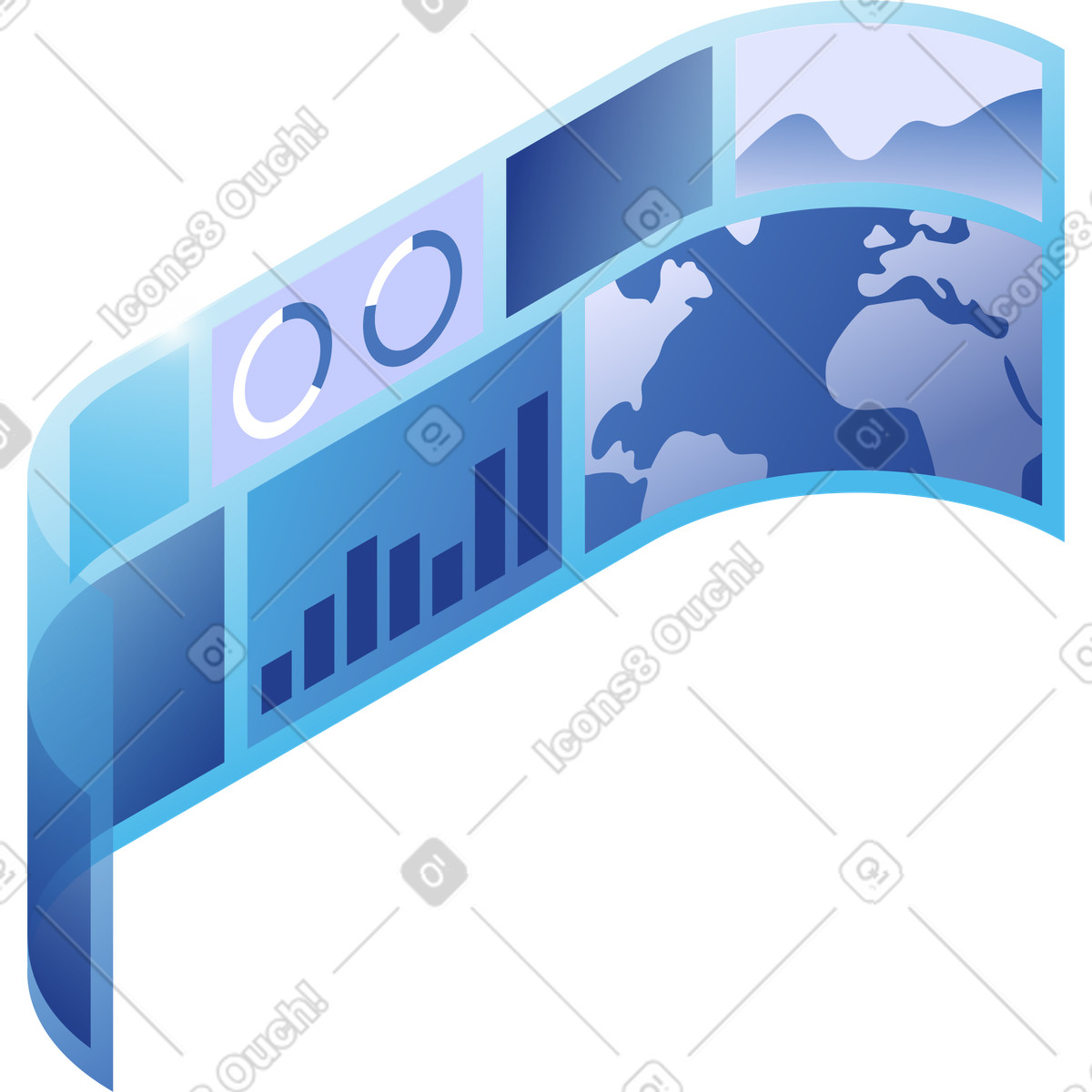 Quantum スタイルの Dashboard transparent analytics screen showing global data and performance metrics のイラストをPNG、SVG形式でダウンロード
