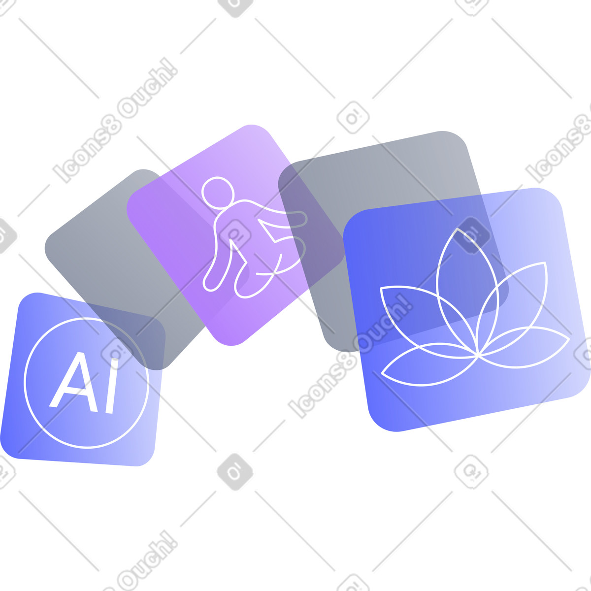 Illustration Rectangles avec symboles de yoga et d'ia dans le style Lucent à télécharger aux formats PNG, SVG