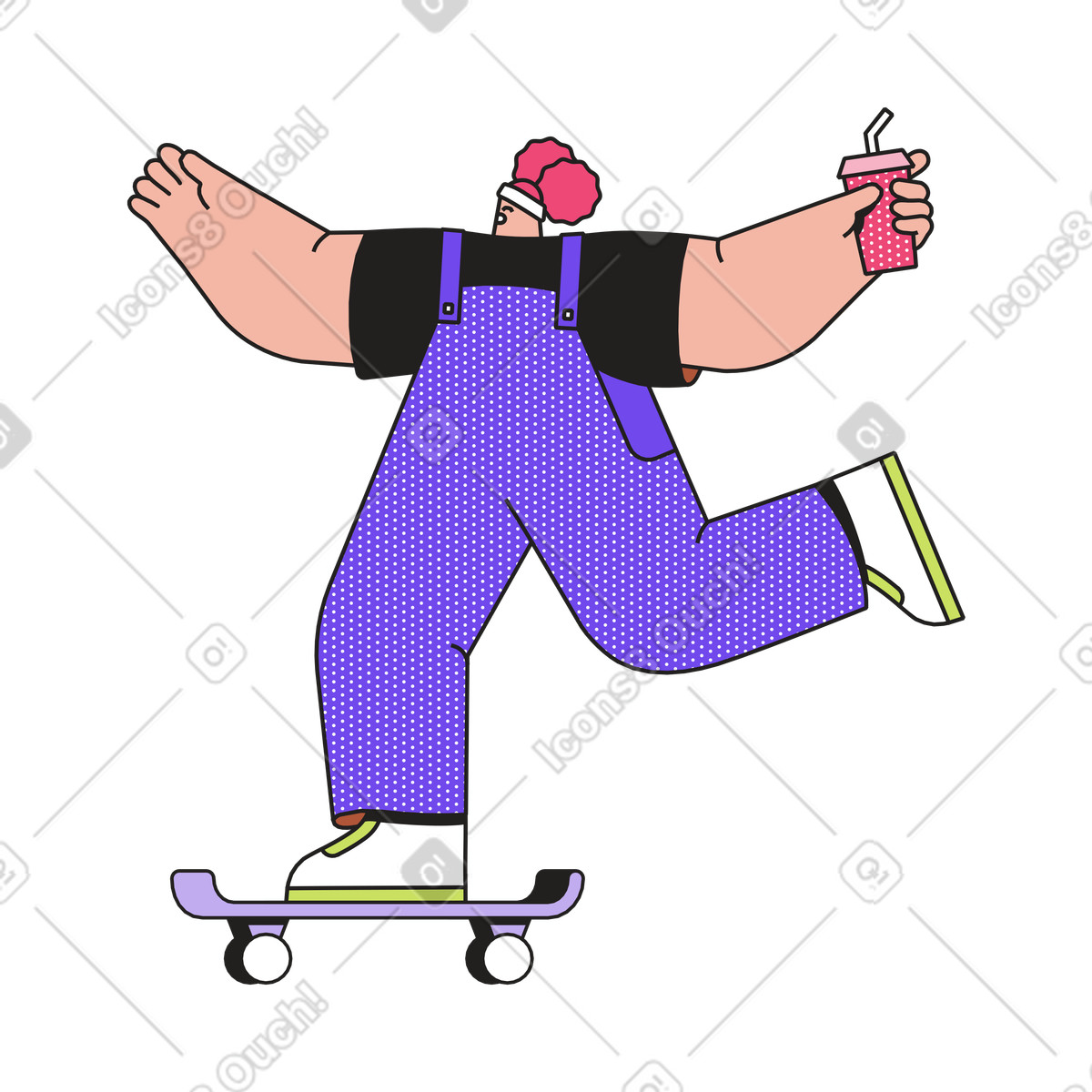 Иллюстрация Skateboarder holding beverage cup, Youth lifestyle and sports в стиле Dazzle — скачать в форматах PNG, SVG