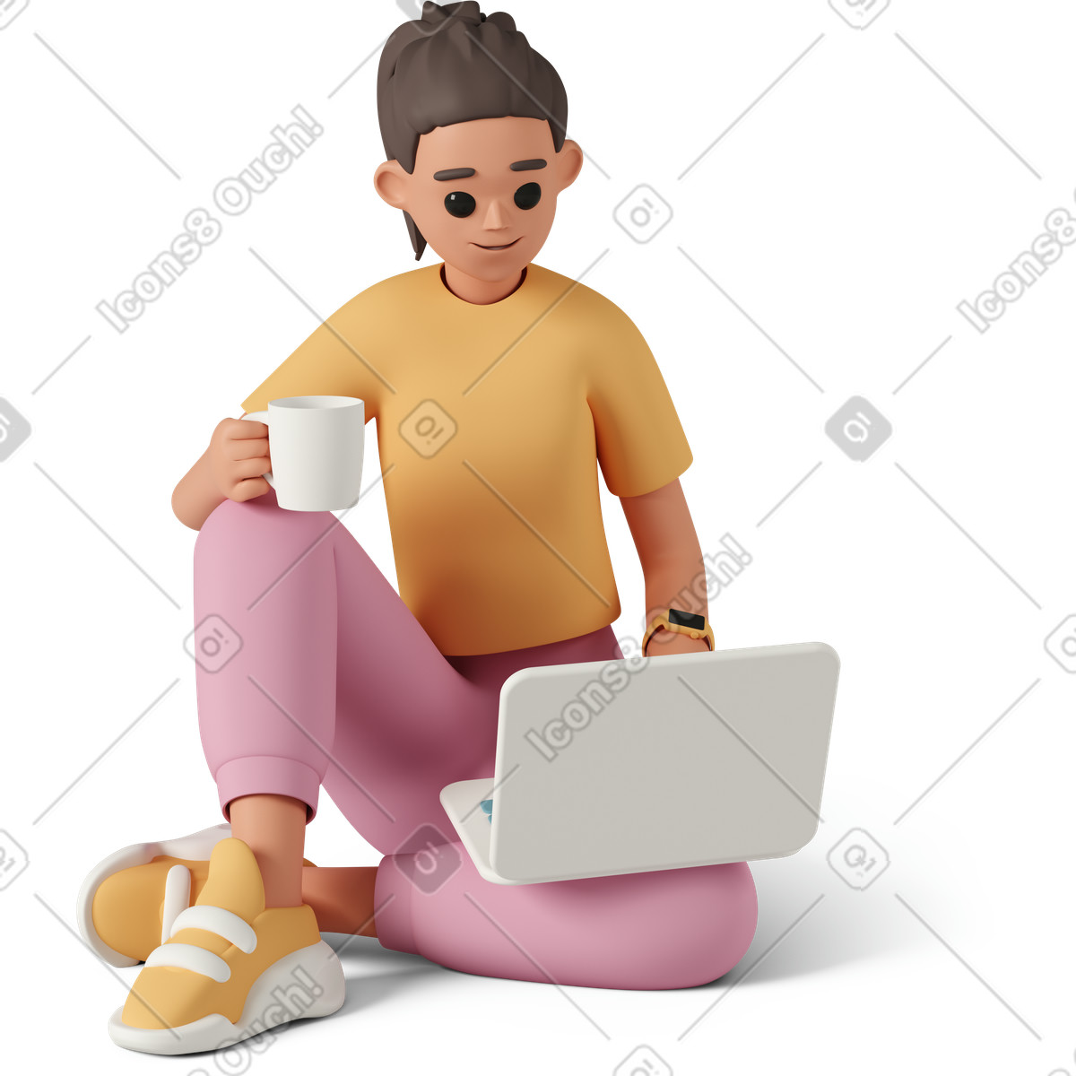 3D Casual life 스타일의 Female sitting on the floor with cup in hand and laptop leg 일러스트레이션 PNG, SVG 다운로드