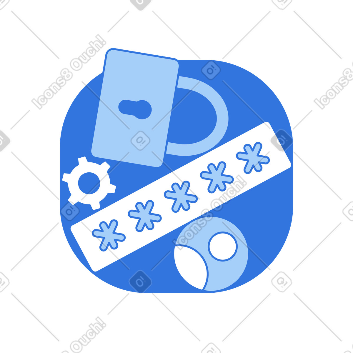 Ilustración Candado, engranaje e icono de usuario para protección con contraseña en estilo Sky a descargar en PNG y SVG