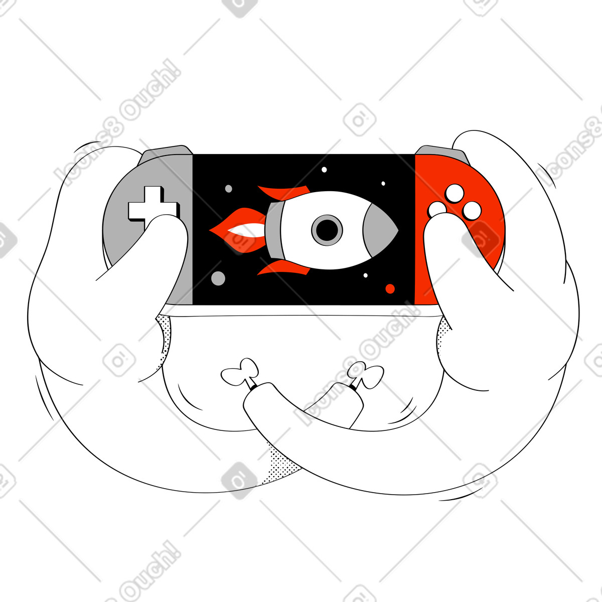 Hands holding console and playing illustration in Looney style download in PNG, SVG