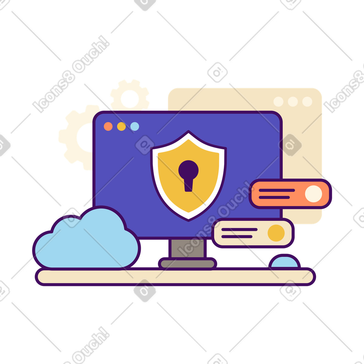 Illustration Computer screen with shield and notification bubbles, Cybersecurity in cloud storage dans le style Simplistic à télécharger aux formats PNG, SVG
