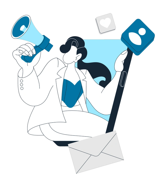 A person holding a megaphone and icons - Indigo style illustration