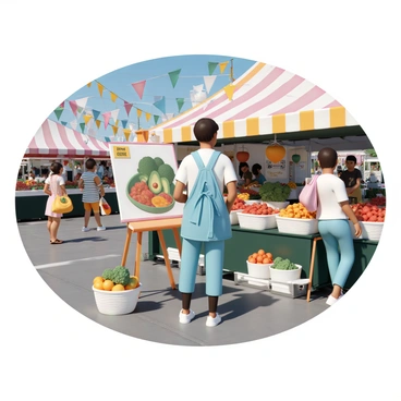 An artist, wearing a denim apron, is standing at an easel set up at a bustling Los Angeles farmers' market. The scene is filled with colorful stalls displaying an abundance of fresh fruits and vegetables. There are baskets overflowing with strawberries, tomatoes, and avocados. In the background, visitors are chatting and sampling produce. Brightly colored banners are hanging above the stalls, and the sunlight casts dynamic shadows on the ground. The artist is focused on capturing a vibrant display of ripe fruits, using bold colors on a canvas. Nearby, a woman is examining a bunch of kale, while a child reaches for a bag of oranges.
