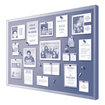 A bulletin board filled with a variety of posters. Each poster features bold, eye-catching slogans advocating for "equal pay" and "opportunities for all." The board is crowded with vibrant graphics and images depicting diverse individuals from different backgrounds. There are flyers and pamphlets pinned to the board, some fluttering gently as if affected by a breeze. The overall arrangement is chaotic yet organized, with multiple layers of paper overlapping in places. Various push pins in black and white hold the materials in place.
