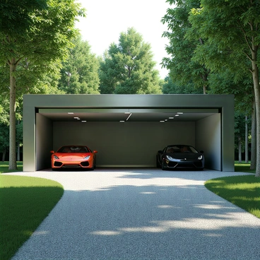 A secluded luxury car garage surrounded by tall, lush trees with thick green foliage. The garage is made of sleek, polished steel with large glass doors that reflect the surrounding nature. Inside, there are several high-end cars parked, including a shiny red sports car and a sleek black coupe. The floor is smooth and shiny, enhancing the elegance of the space. Soft natural light filters through the trees, illuminating the garage and creating a serene atmosphere. A gravel path leads from the forest to the garage entrance, blending harmoniously with the surrounding landscape.