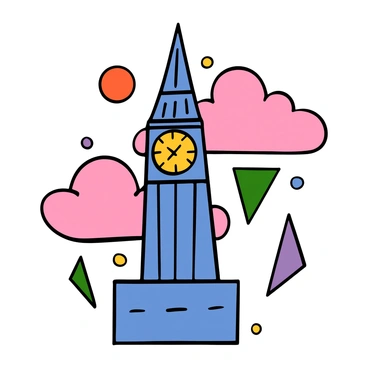 A modern abstract illustration of Big Ben with bold geometric shapes