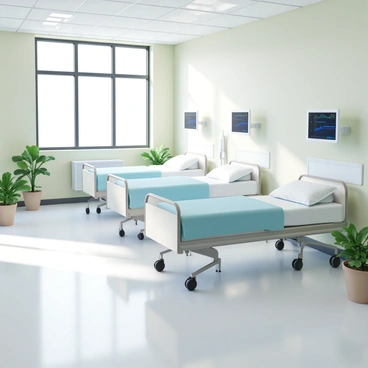 A hospital ward with neatly made single beds, each covered with crisp white sheets and light blue blankets. The beds are arranged in a straight line along the walls. Above each bed is a medical monitor displaying vital signs, with bright screens and various colored lines. The walls are painted in a soft pastel color, contributing to a clean and organized atmosphere. Sunlight filters through large windows, illuminating the room and highlighting the polished floors. A few potted plants are placed in the corners, adding a touch of greenery to the space.