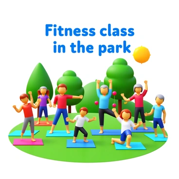 A group of people of various ages, including children, adults, and seniors, engaged in a fitness class in a park setting. The participants are performing exercises such as stretching, jumping jacks, and yoga poses. There are colorful yoga mats laid out on the green grass. The sun is shining brightly, and there are trees and flowers in the background, adding to the lively atmosphere. Some participants are smiling and encouraging each other, creating a sense of community and motivation. "Fitness class in the park" is written in a bold, inviting font above the scene.