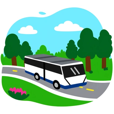 A futuristic bus with a sleek, aerodynamic design is powered by shiny solar panels mounted on its roof. The bus is gliding smoothly along a paved road that winds through a vibrant green landscape filled with tall, lush trees and colorful blooming flowers. In the background, a bright blue sky is dotted with fluffy white clouds, enhancing the sense of a sunny day. The bus features large panoramic windows, reflecting the surrounding natural beauty as it moves effortlessly amidst the greenery.