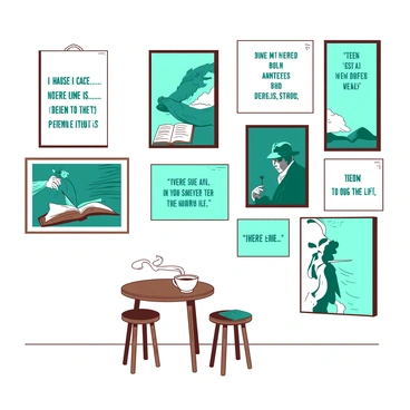 A cafe wall decorated with book-themed murals and quotes from famous novels