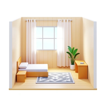 A chambre with Nordic design featuring light wooden walls and flooring. The room contains simple, functional furniture such as a minimalist bed with a light-colored duvet and wooden bedside tables. There is a large window allowing natural light to fill the space, adorned with sheer white curtains. A geometric patterned rug lies on the floor, complementing the decor. A small potted plant sits on a side table, adding a touch of greenery.