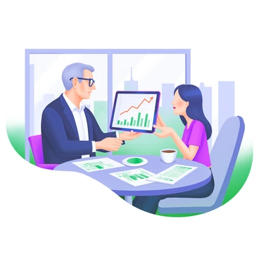 A modern pastel illustration depicting a financial advisor and a client sitting at a round table. The financial advisor, a middle-aged individual wearing glasses and a smart blazer, is attentively pointing at a tablet displaying stock trend graphs. The client, a young woman with long hair, is leaning forward with interest, looking at the tablet. Around them, there are various financial documents and a cup of coffee on the table. The background includes a large window with a view of a city skyline, complementing the professional atmosphere.