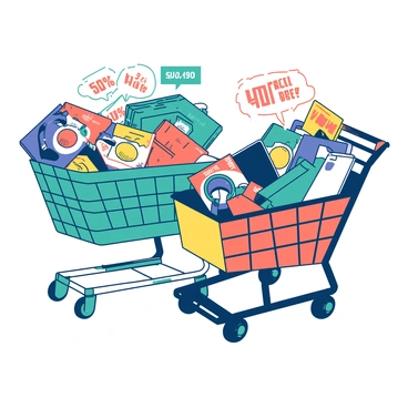 Two shopping carts are filled to the brim with a variety of discounted electronics and toys. One cart, painted in teal, holds multiple brightly colored boxes of toys, including action figures and board games, all adorned with "50% OFF" tags. The other cart, in a contrasting orange, is overflowing with gadgets such as headphones, portable speakers, and sleek smartphones, also featuring the same discount tags. The scene is set in a bright store aisle, with price signs and vibrant packaging creating an engaging atmosphere.