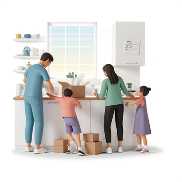 A family of four is in a kitchen, actively packing up their belongings. The father, wearing a blue t-shirt and jeans, is carefully wrapping dishes in bubble wrap at the countertop. The mother, dressed in a green blouse and black pants, is placing utensils into a cardboard box while checking off a list. Two children, a boy wearing a red shirt and shorts and a girl in a purple dress, are helping by handing over items and stacking small boxes on the floor. The kitchen is filled with various kitchenware, and sunlight is streaming in through the window, illuminating the scene.