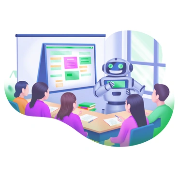 A classroom scene featuring a robot standing in front of a smart board. The robot has a friendly expression and is equipped with a digital screen for a face. Around the robot, there is a group of diverse students attentively listening and taking notes. The smart board displays colorful educational diagrams and text. The classroom is filled with desks, books, and stationery items, all arranged neatly. Natural light streams in from windows, illuminating the learning environment.