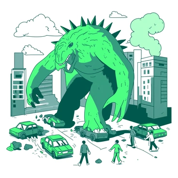 A gigantic monster with green scales is stomping through a city, towering over the skyscrapers. The monster has protruding spikes along its back and sharp claws that leave deep marks on the pavement. Debris is flying around as it crushes cars beneath its massive feet, and buildings are shaking from the impact of its steps. Smoke rises from damaged structures, and frightened people can be seen running in various directions, some looking up in awe at the enormous creature. The sky is filled with dark clouds, adding to the chaotic atmosphere of the scene.