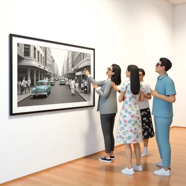 An art curator, wearing black glasses, a tailored grey blazer, and dark jeans, stands in a modern gallery space. She is enthusiastically explaining the key features of a large, framed black-and-white photograph that hangs on the white wall beside her. The photograph depicts a crowded city street from the 1950s, filled with classic cars and pedestrians in period clothing. A small group of visitors, including a man in a blue shirt and a woman in a floral dress, listens intently while pointing at the photograph. The gallery has polished wooden floors and soft lighting that highlights the displayed artwork.