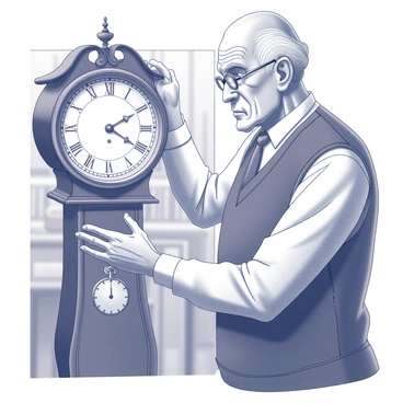 An elderly man adjusting the time on an antique grandfather clock
