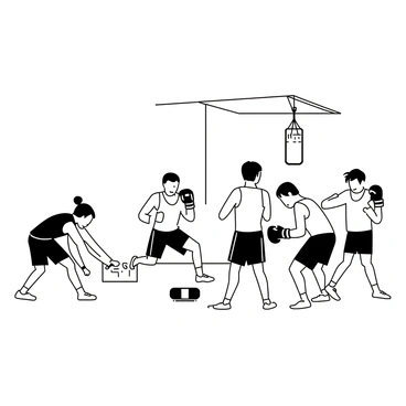A group of amateur boxers is gathered in a training gym, preparing for their session. They are engaged in different warm-up stretches, with some bending forward to touch their toes, while others perform arm circles and lunges. Each boxer is wearing a tank top and shorts, showcasing their focus and determination. In the background, a heavy bag is suspended from the ceiling, and a set of gloves is placed on a nearby bench. The atmosphere is filled with energy as they encourage one another, emphasizing camaraderie and teamwork.