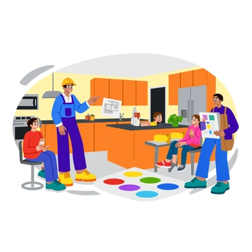 A contractor discussing kitchen remodel options with a family