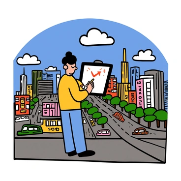 An artist with light skin and short black hair is standing on a rooftop, holding a sketchpad and pencil. The scene shows a bustling cityscape below, filled with tall buildings of various designs, including skyscrapers and older architectural styles. The streets are busy with cars, buses, and pedestrians. The sky is bright blue with fluffy white clouds. In the background, there are green trees lining the streets, adding a touch of nature to the urban environment. The artist is intently focused on capturing the lively atmosphere of the city.