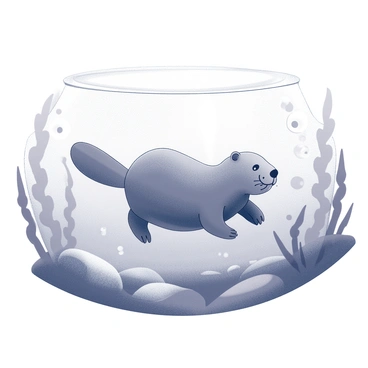 A beaver swimming underwater. The animal has a streamlined body, webbed feet, and a flat tail helping it navigate through the water. Bubbles are trailing behind as it moves, creating a series of circular forms in the water. The surrounding environment features aquatic plants and rocks, with the light filtering through the water above.