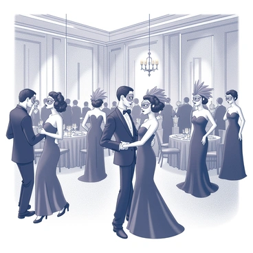 A grand ballroom filled with elegantly dressed individuals attending a masquerade ball. Each person wears a unique mask that intricately reflects their assumed personality traits. Some masks are ornate with feathers and jewels, suggesting extravagance, while others are simple and understated, indicating modesty. The guests are engaged in lively conversations, revealing expressions that complement their masks. The room is adorned with lavish decorations including chandeliers hanging from the ceiling and candlelit tables set with fine tableware. The atmosphere is vibrant as couples dance gracefully across the polished floor.