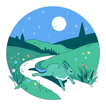 A teal hare is hopping along a winding dirt path. The path is flanked by lush green grass and wildflowers in various colors. Above the scene, a bright full moon casts a soft glow over the landscape. The sky is filled with numerous twinkling stars, adding a sense of depth and wonder to the night. The hare's ears are perked up, and its fur glistens slightly under the moonlight, highlighting its energetic movement. The surrounding countryside is dotted with gentle hills and a few trees, creating a peaceful atmosphere.