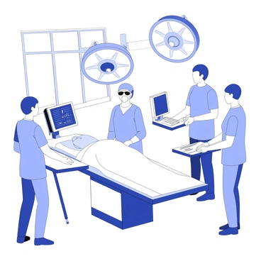 A team of NHS surgeons is performing an operation in a well-equipped surgical theater. The lead surgeon is focused, wearing a sterile gown and a surgical mask, with a surgical headlamp illuminating the operating area. Two other surgeons assist, holding instruments and providing support. Bright overhead surgical lights illuminate the operating table, which is occupied by a patient draped in sterile linens. Various surgical tools are arranged neatly on a tray nearby. Monitors display vital signs and other medical data, while a surgical nurse stands ready with additional equipment. The room has large windows, allowing light to filter in.