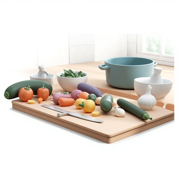 An assortment of cooking tools and ingredients laid out on a wooden kitchen countertop for making "ratatouille." There is a large cutting board with a knife, scattered fresh vegetables including "zucchini," "eggplant," "bell peppers," "tomatoes," and "onions." A bowl contains "fresh basil" and "thyme." Next to the cutting board, there are a measuring cup and a mortar and pestle. A pot is placed in the background, ready for the cooking process. Natural light streams in from a nearby window, illuminating the vibrant colors of the vegetables and the shiny surfaces of the tools.