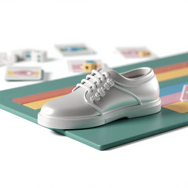 A finely detailed 3D render of a Monopoly game token shaped like a shoe. The token is silver with a polished metallic finish, showcasing intricate engravings and designs, reflecting light in various angles. The shoe's laces and stitching are clearly defined, giving it a realistic appearance. The token is placed on a green game board with colorful property cards and dice scattered around it. The background features a blurred view of other game tokens and the traditional Monopoly money, creating a vibrant gaming atmosphere.