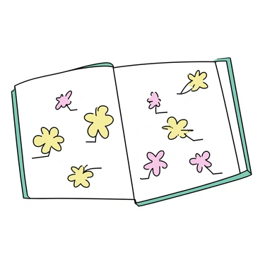A scrapbook page features "pressed honeysuckle flowers" delicately arranged. The flowers, in varying shades of yellow and soft pink, are placed against a simple white background. Each flower is carefully positioned, with some overlapping slightly to create a natural look. There are small handwritten labels next to each flower, identifying them. A border of thin green washi tape outlines the edges of the page, adding a subtle touch of color. The overall composition is clean and minimalistic, emphasizing the beauty of the pressed flowers.