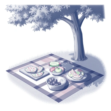 A scenic outdoor picnic spread under a tree with a variety of focaccia slices and fresh fruit