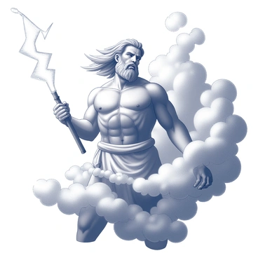 A powerful figure representing Zeus stands tall, his muscular form depicted in monochrome. He holds a thunderbolt firmly in one hand, the weapon crackling with energy. His expression is stern and commanding, showcasing his authority. Surrounding him are swirling stormy clouds, billowing and dark, adding to the dramatic atmosphere. The clouds exhibit a sense of movement, enhancing the feeling of an impending storm. Zeus’s hair and beard flow with the gusts of wind, emphasizing his connection to the tempest around him.