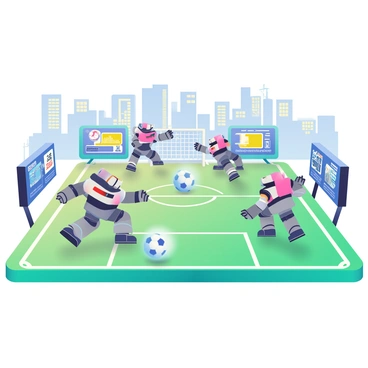 A group of futuristic robots is playing football on a high-tech field. Each robot is uniquely designed, with sleek metallic bodies and illuminated accents in various colors. The field is surrounded by glowing screens displaying statistics and player data. Bright neon lights outline the boundaries of the pitch, while a digital scoreboard shows the current score. The robots are in dynamic poses, charging towards the ball, which is a glowing orb emitting a soft blue light. The background features a futuristic city skyline with tall, lit-up buildings, creating a vibrant atmosphere.