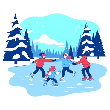 Children ice skating on a frozen lake surrounded by snow-covered trees.