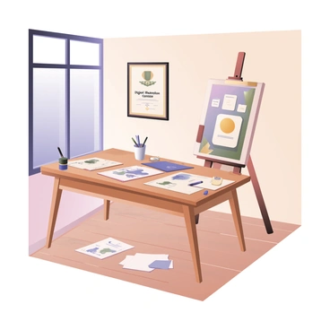 An artist's studio with a digital illustration certificate hanging on the wall above a work desk filled with drawings.