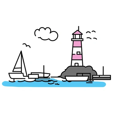 A scenic harbor featuring a blocky lighthouse with a red and white striped pattern. The lighthouse stands tall on a rocky outcrop overlooking calm waters. Several boats of various sizes are anchored nearby, some gently bobbing with the waves. The sky is clear with a few cotton-like clouds drifting above. The harbor is lined with simple wooden docks, and a few seagulls can be seen flying in the distance.