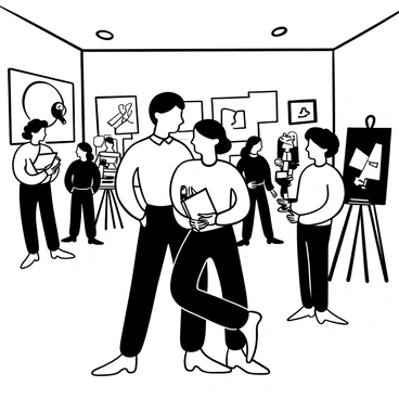 Two figures in formal attire standing close together in a crowded art gallery. One figure is holding a glass of wine, while the other is holding a small sketchbook. The surrounding walls are adorned with various artworks in frames. A few other guests can be seen in the background, engaged in conversation or admiring the art. The atmosphere is lively, with scattered art pieces and easels visible throughout the space.