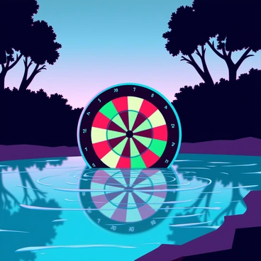 A dartboard with colorful segments is partially submerged in a still pond. The water reflects the dartboard's vibrant red, green, yellow, and black colors with perfect clarity. The surrounding area is filled with dark silhouettes of trees, their outlines softened by the twilight light. The sky above displays a gradient of deep blue transitioning to lighter hues near the horizon, indicating the approach of night. Ripples subtly disturb the surface around the dartboard, creating a mesmerizing distortion in the reflection. The scene captures a moment of tranquil beauty as the last rays of sunlight fade away.
