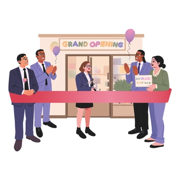 A digital flat illustration depicting a ribbon-cutting ceremony for a new small business. In the center, a large red ribbon is stretched across a doorway. A diverse group of people is gathered around, including a woman with short brown hair and glasses holding scissors, poised to cut the ribbon. To her left, a man with dark skin wearing a blue suit and a matching tie is smiling and clapping. To her right, a woman with light skin and long black hair is holding a sign that reads "Grand Opening" in colorful letters. In the background, there is a small storefront with a bright sign displaying the business name in cheerful font. Balloons in various colors are tied to the storefront, enhancing the festive mood of the event.