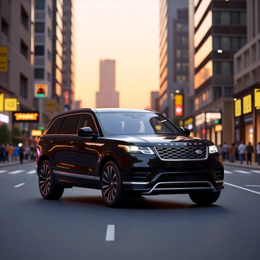 A sleek black Range Rover is driving through a bustling city street. The vehicle has elegant lines and shiny chrome accents, highlighting its luxury design. In the background, tall skyscrapers reflect the warm hues of the sunset, casting an orange and pink glow across the sky. The street is filled with people walking and busy shops, adding to the lively atmosphere of the city. The Range Rover moves smoothly along the road, emphasizing its powerful presence amidst the vibrant urban scene.