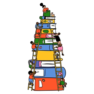 A towering stack of colorful books reaches high into the sky. Each book has a different vibrant cover with illustrations and titles visible. Whimsical ladders, painted in bright shades, lean against the spines of the books, allowing tiny figures to climb. The figures are diverse in appearance, featuring different skin tones, hairstyles, and clothing styles. Some figures are actively climbing the ladders, while others are perched atop the books, looking down with excitement. The scene is filled with a sense of adventure and curiosity.