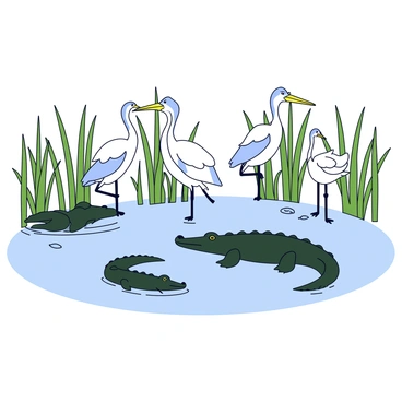 A delta landscape with tall green reeds surrounding the water. Several herons are standing on one leg at the water's edge, their long necks stretched. Dark green alligators are partially submerged in the water, with only their eyes and snouts visible. Small fish can be seen swimming among the reeds, creating ripples in the water.