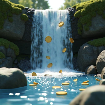 A waterfall cascading down a rocky cliff, with clear blue water tumbling over variously sized moss-covered stones. The sunlight reflects off the water, creating glimmers and sparkles. Streams of shiny gold coins mix with the water as they flow smoothly down the rocks, creating small splashes where the coins hit the surface. The scene conveys a sense of movement and abundance, with the coins catching the light as they journey along with the water.